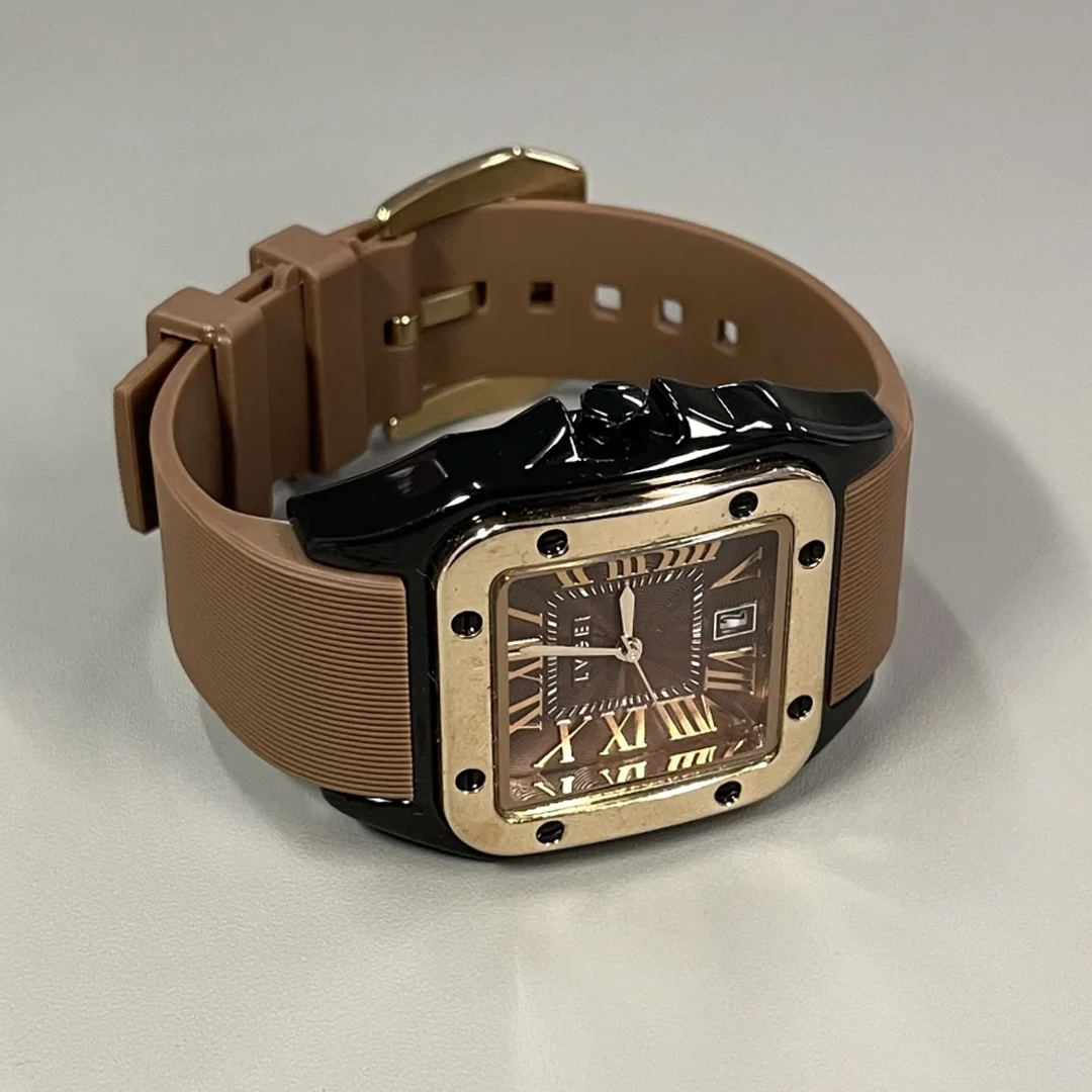 Vintage Brown Men's Quartz Watch – Roman Numerals, Square Dial, Silicone Strap & Date Display