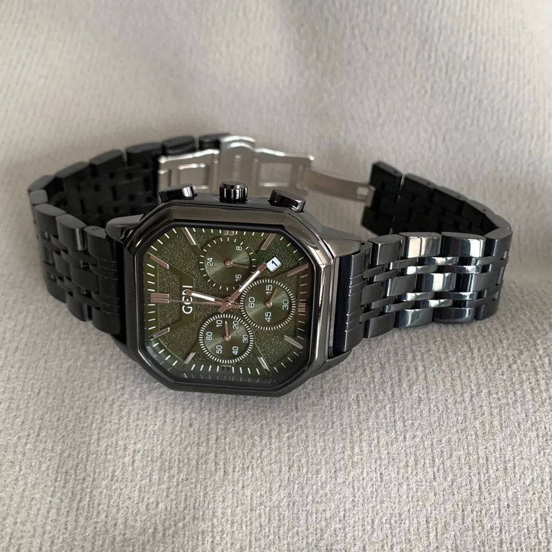 Green Square Dial Men's Quartz Watch with Date – Black Strap, Minimalist Design