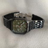 Green Square Dial Men's Quartz Watch with Date – Black Strap, Minimalist Design