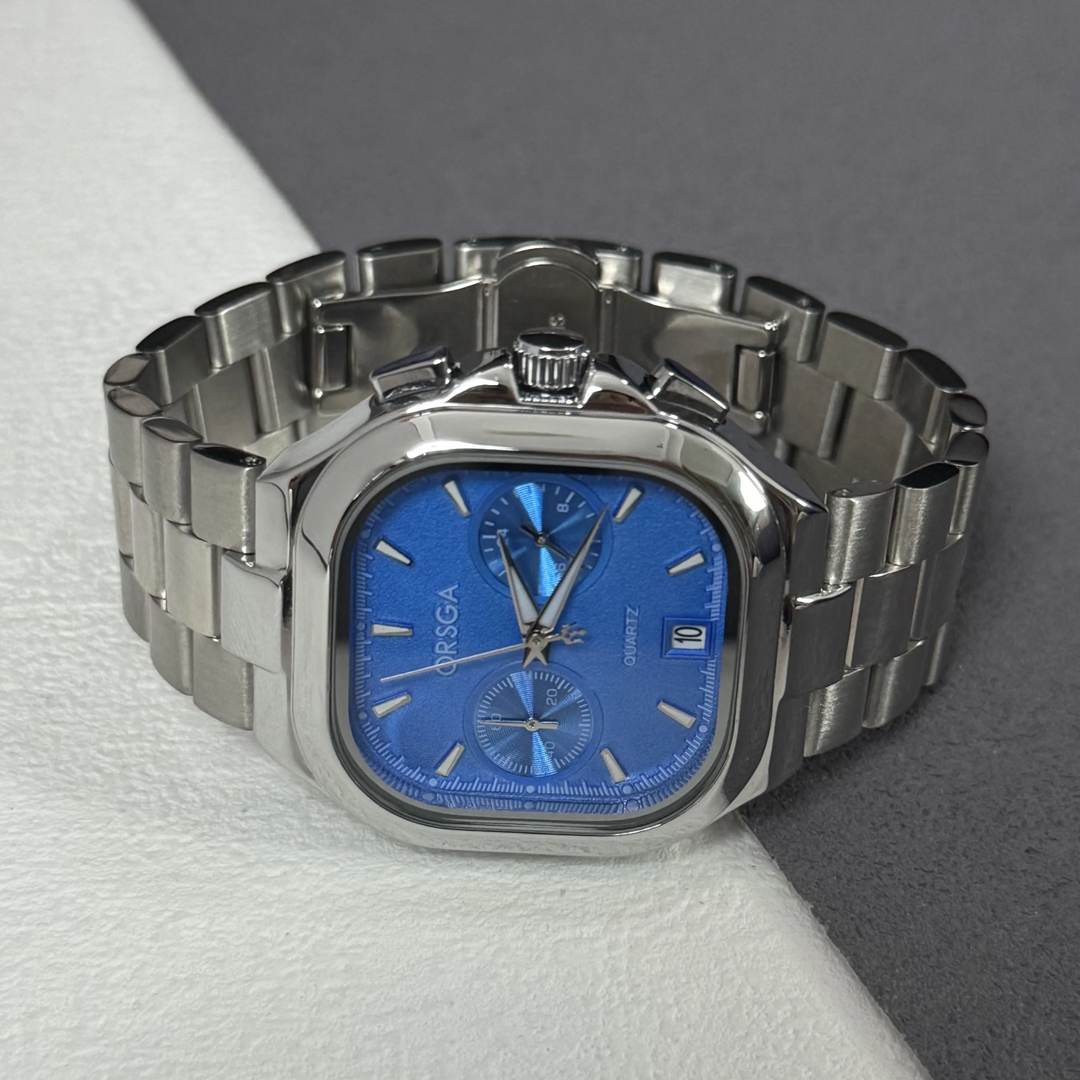 Men’s Quartz Watch – Blue Square Dial, Silver Strap, Waterproof with Date Display