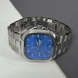 Men’s Quartz Watch – Blue Square Dial, Silver Strap, Waterproof with Date Display