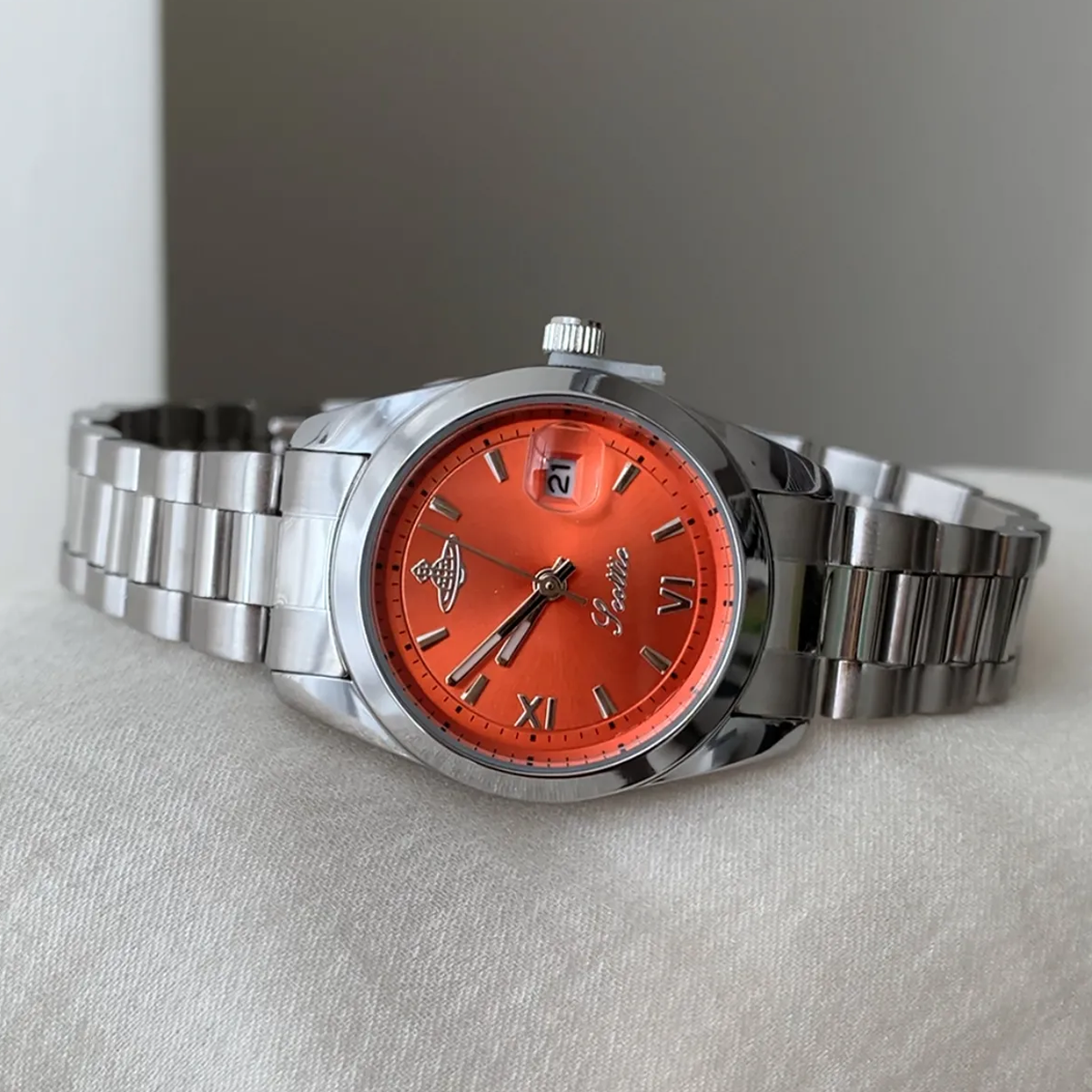 Men’s Quartz Watch – Orange Planet Round Dial with Silver Strap