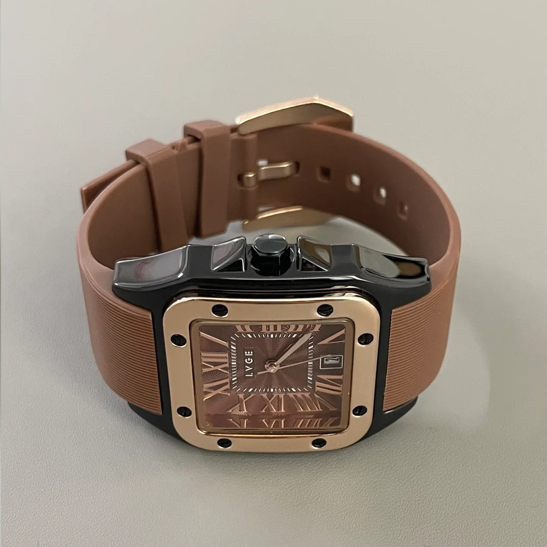 Vintage Brown Men's Quartz Watch – Roman Numerals, Square Dial, Silicone Strap & Date Display