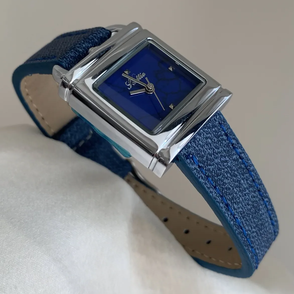 Men’s Quartz Watch – Denim Blue Crackle Square Dial with Silver Case, Bold & Unique
