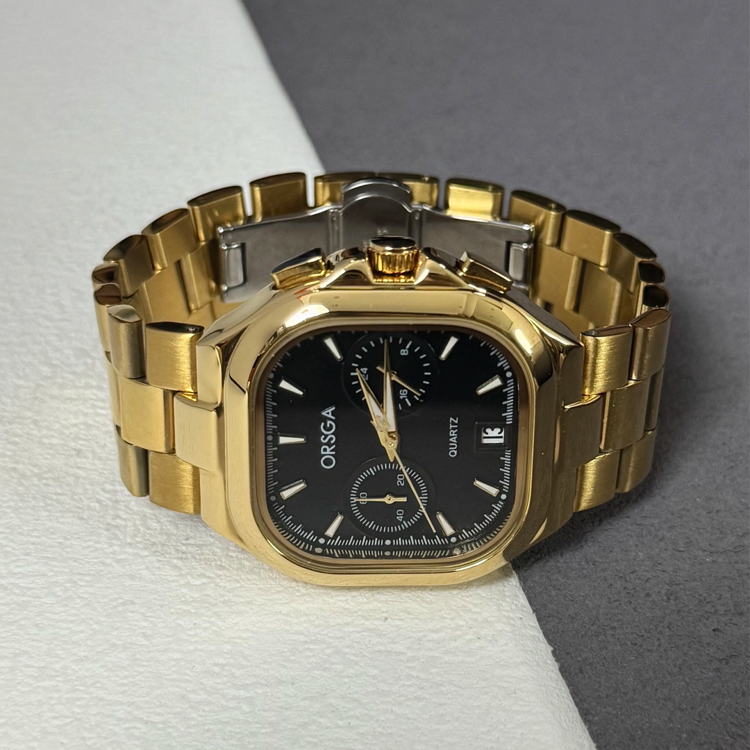 Men’s Quartz Watch – Black Square Dial, Gold Strap, Waterproof with Date Display