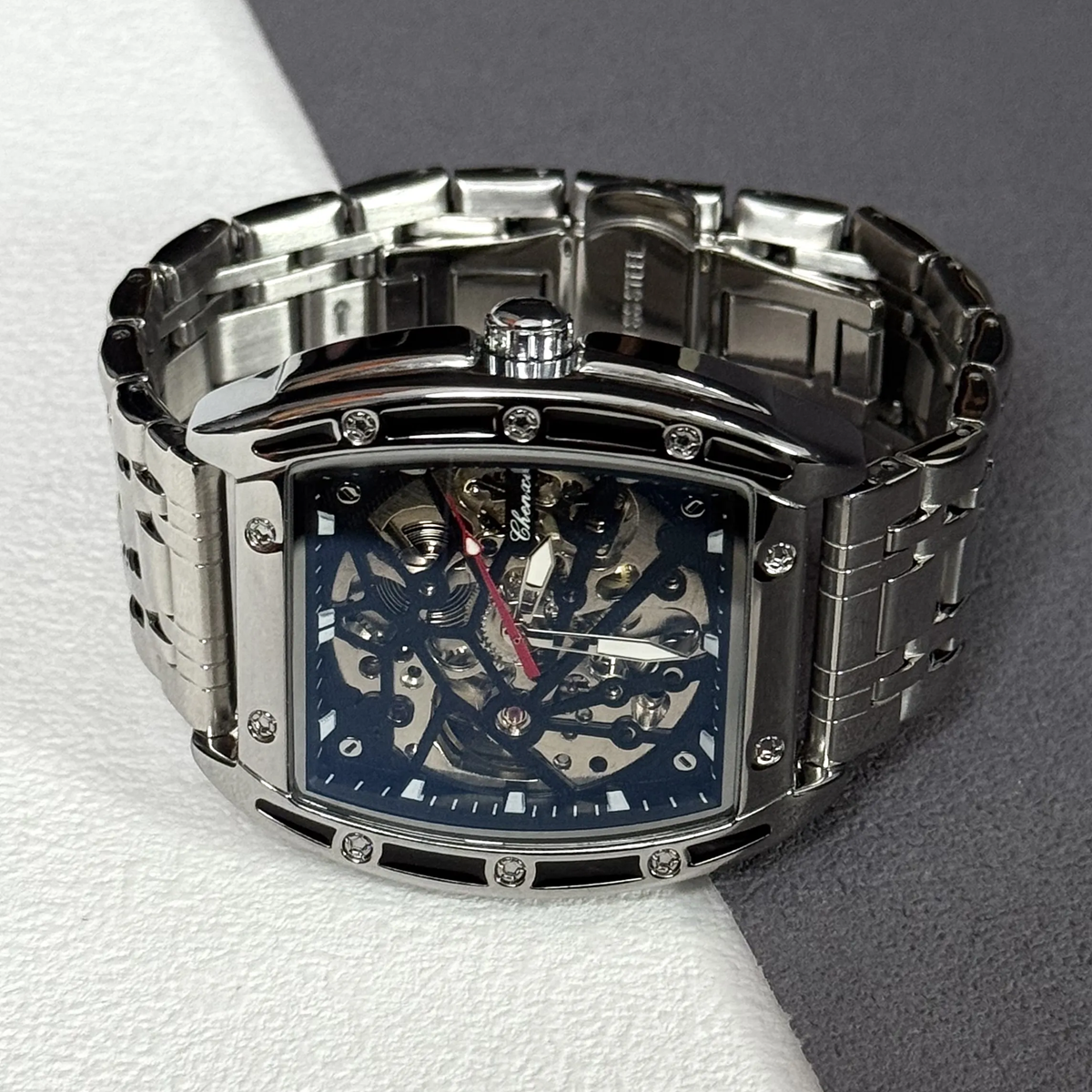 Waterproof Automatic Skeleton Barrel-Shaped Mechanical Watch for Men – Silver Bracelet
