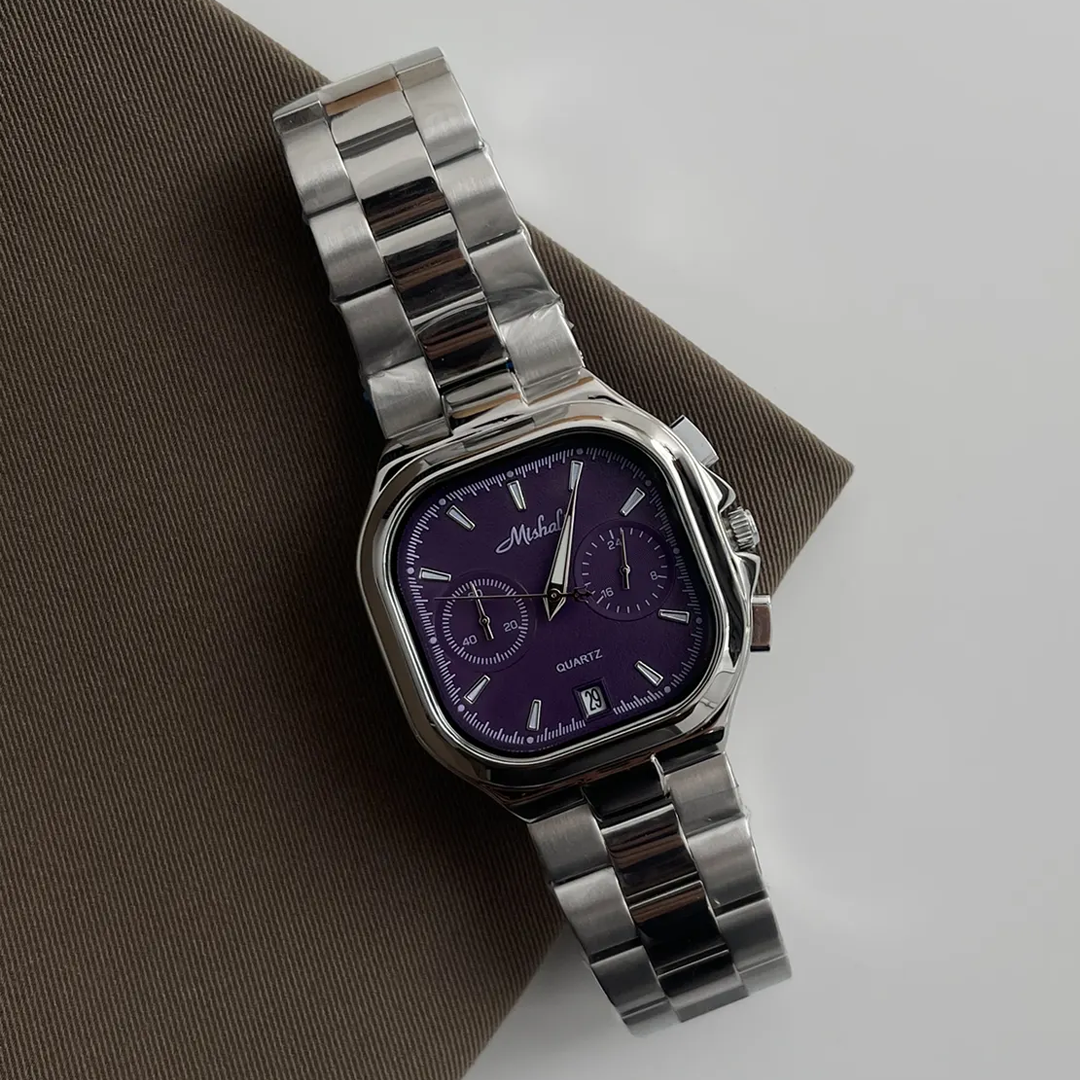 Minimalist Square Purple Dial Men's Quartz Watch – Silver Strap, Urban Edge