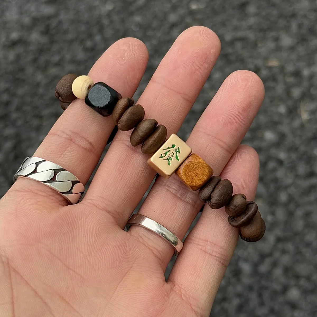 Chinese Mahjong “Fa” Lucky Charm Bracelet – Coffee Bean Beads for Prosperity & Fortune