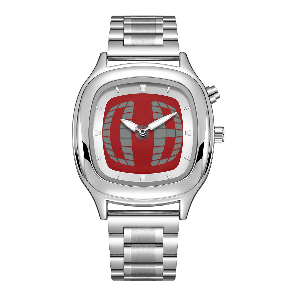Men’s Dual Display Quartz Watch – Silver Band & Case, Red Dial, Y2K Retro Style