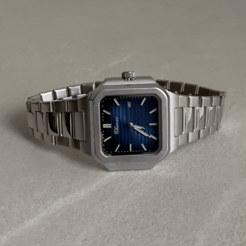 Men’s Quartz Watch – Silver Strap with Blue Square Dial