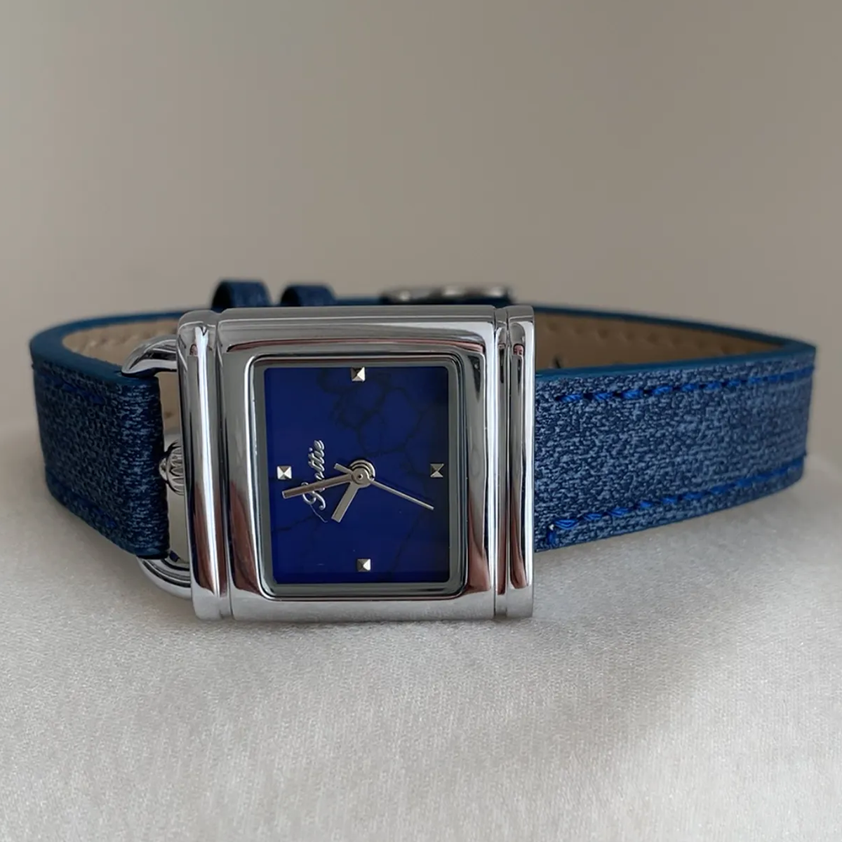 Men’s Quartz Watch – Denim Blue Crackle Square Dial with Silver Case, Bold & Unique