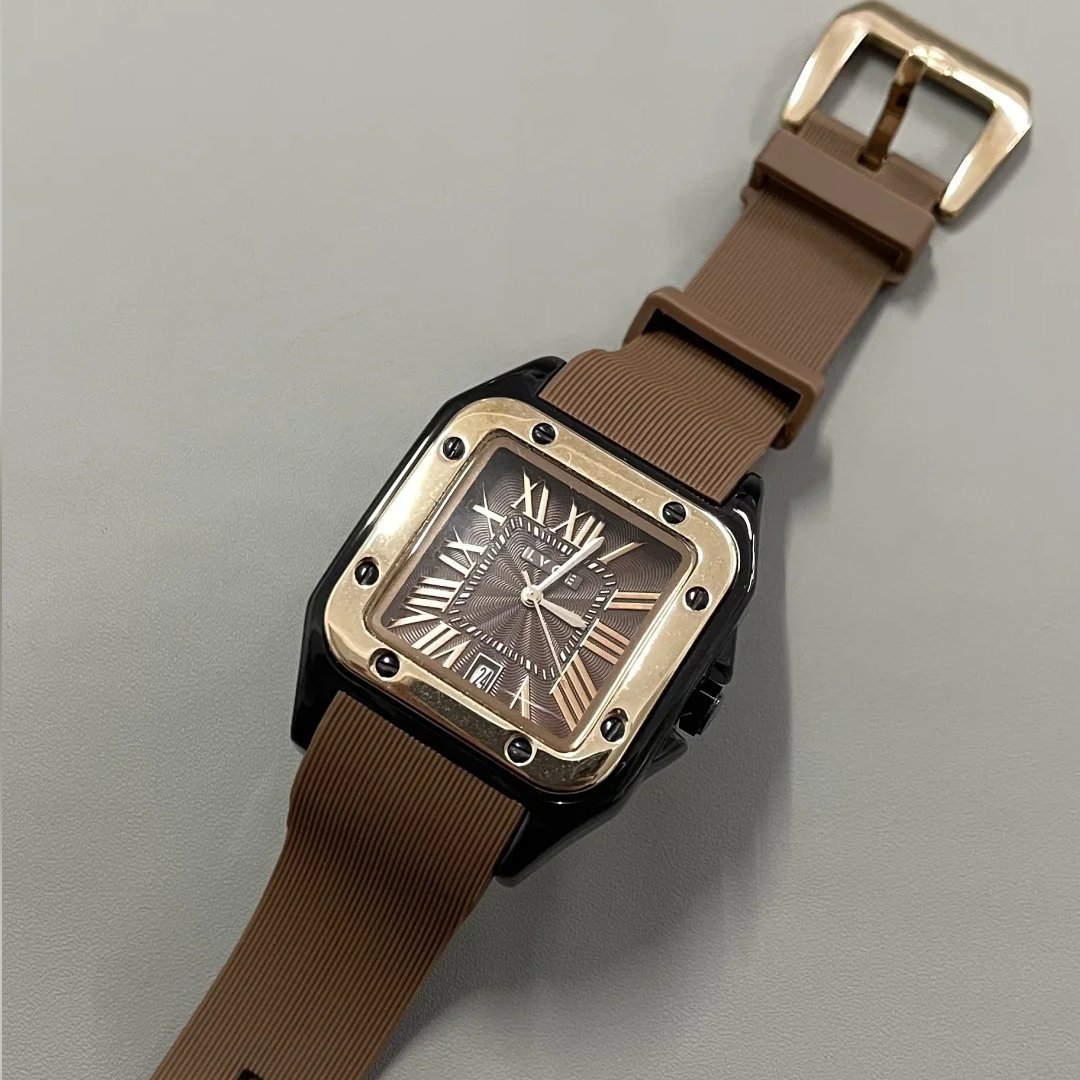 Vintage Brown Men's Quartz Watch – Roman Numerals, Square Dial, Silicone Strap & Date Display