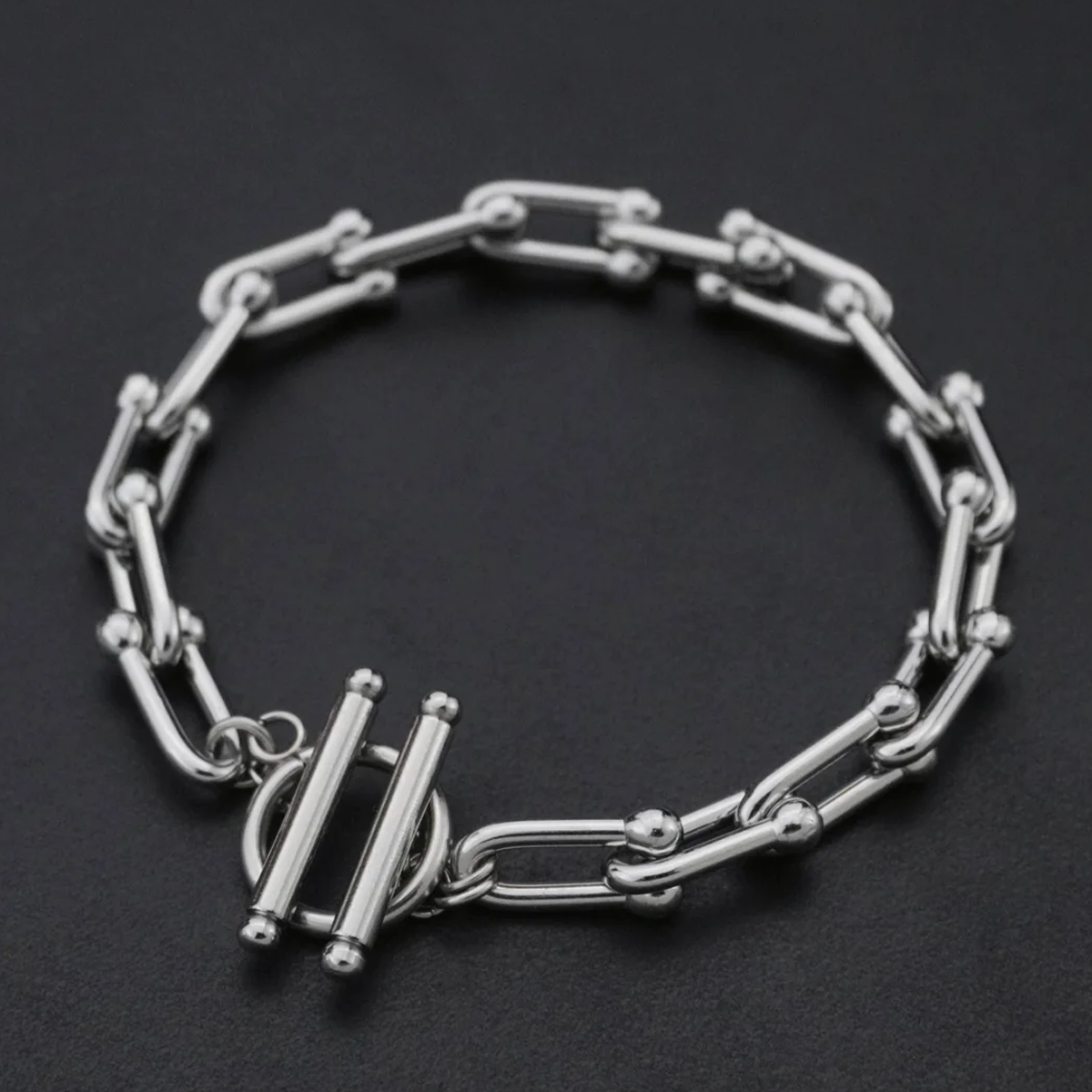 Silver Titanium Steel Double-Clasp Horseshoe Bracelet – Durable & Stylish