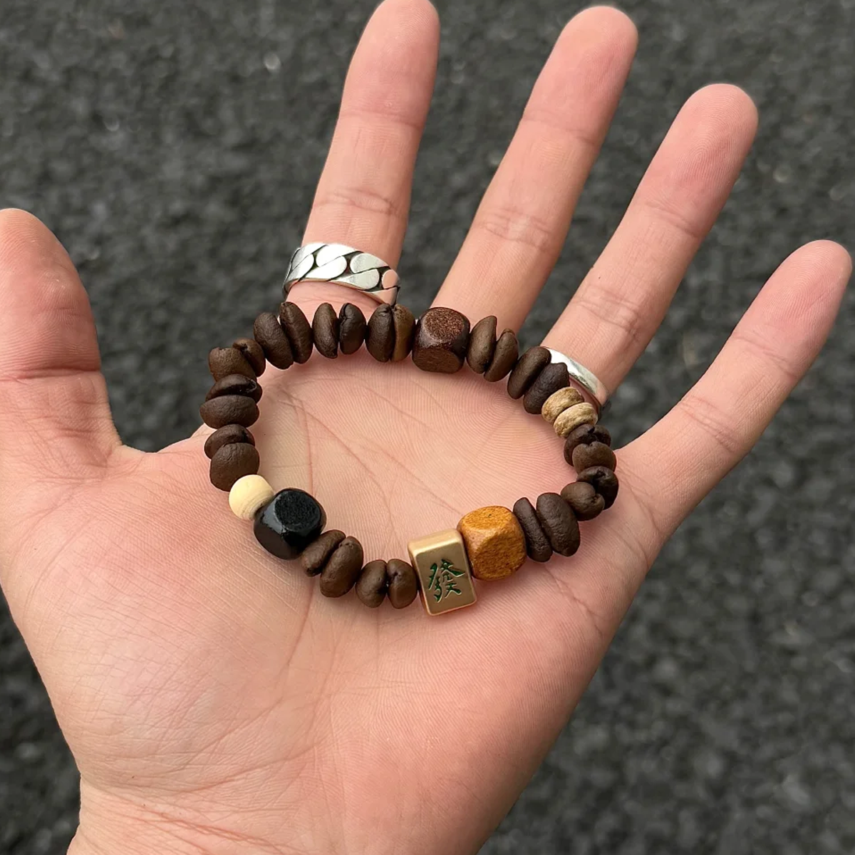 Chinese Mahjong “Fa” Lucky Charm Bracelet – Coffee Bean Beads for Prosperity & Fortune