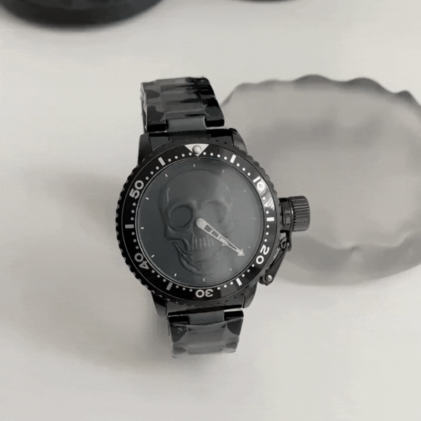 Black Skull Dial Men's Quartz Watch – All-Black Design, Waterproof, Bold Street Style