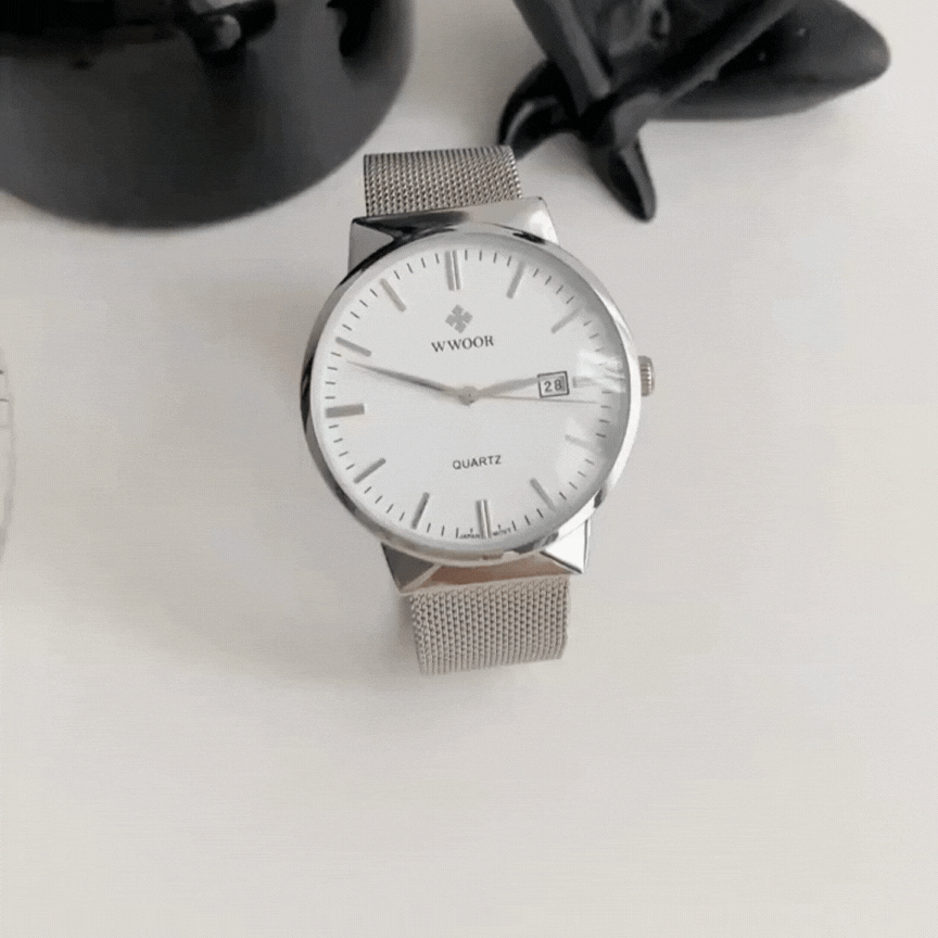 Ultra-Thin Men's Quartz Watch – Silver Mesh Strap, White Large Dial, Waterproof Minimalist Design