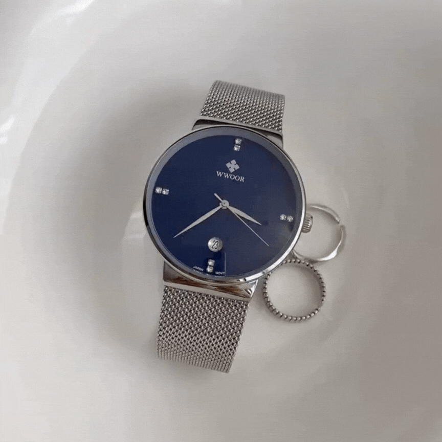 Waterproof Men's Quartz Watch – Blue Large Dial with Silver Mesh Strap, Minimalist Design