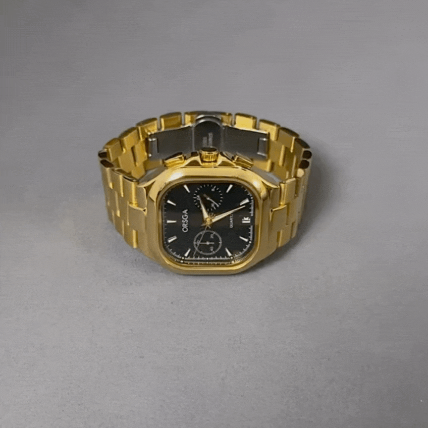 Men’s Quartz Watch – Black Square Dial, Gold Strap, Waterproof with Date Display