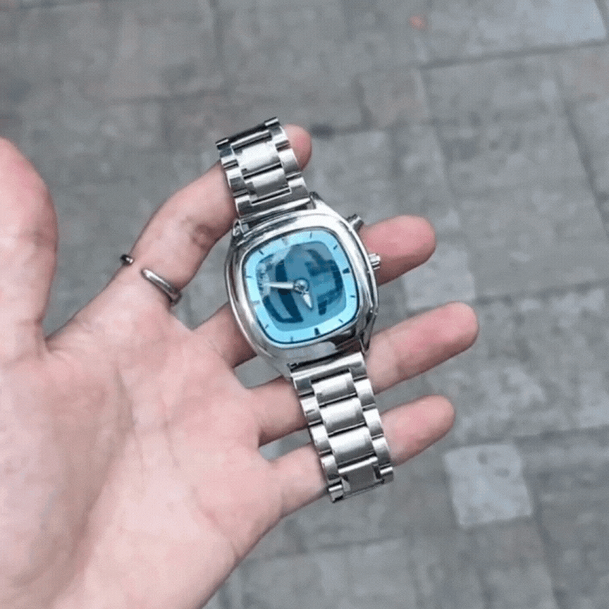 Retro-Futurist Quartz Watch – Silver Bracelet with Blue Analog-Digital Dial