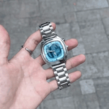 Retro-Futurist Quartz Watch – Silver Bracelet with Blue Analog-Digital Dial
