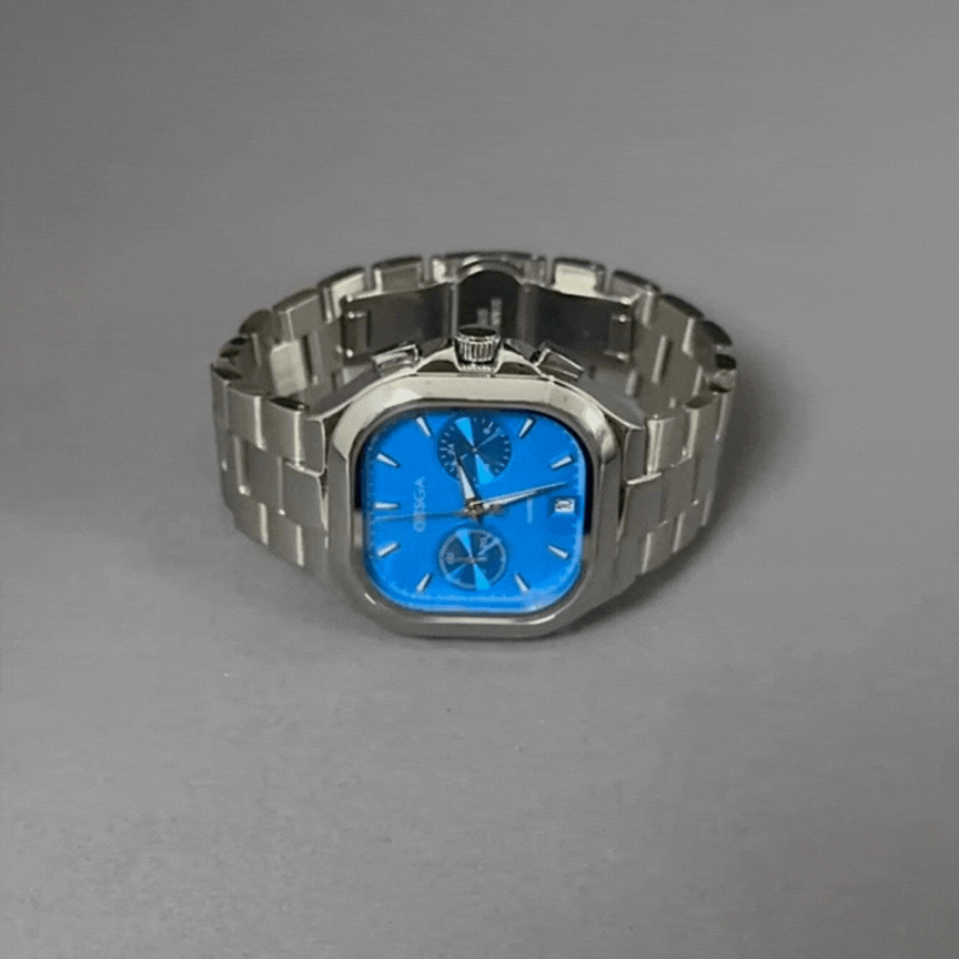 Men’s Quartz Watch – Blue Square Dial, Silver Strap, Waterproof with Date Display
