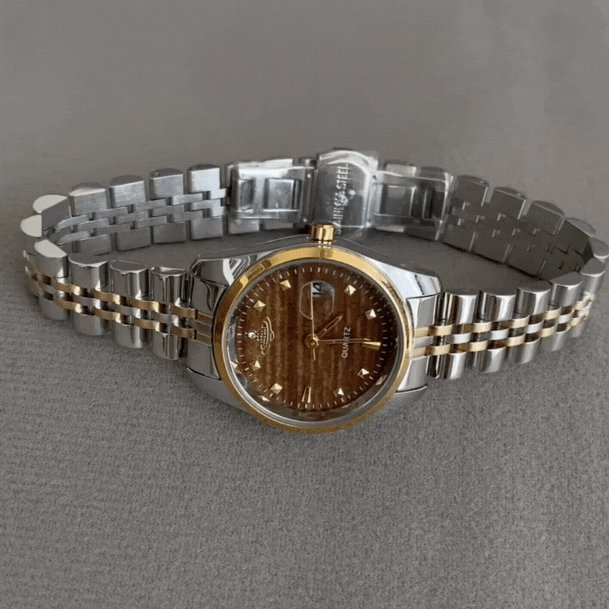 Two-Tone Quartz Watch– Tiger Eye Round Dial, Vintage & Unique Design