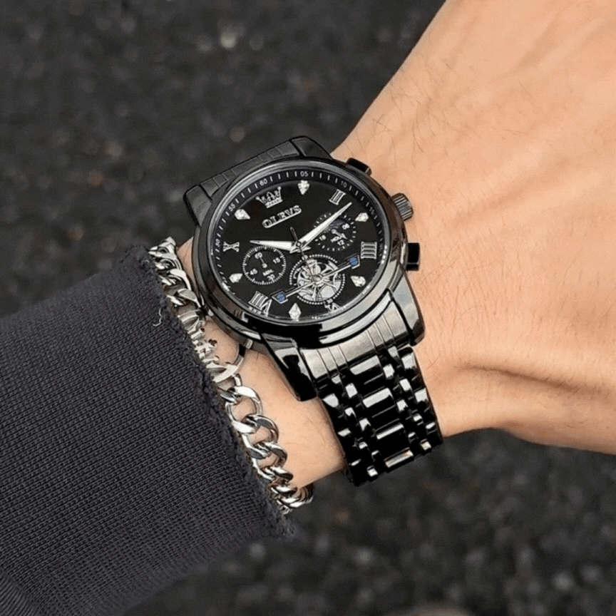 Dark Mode Quartz Watch – Waterproof with Moonphase & Luminous Display