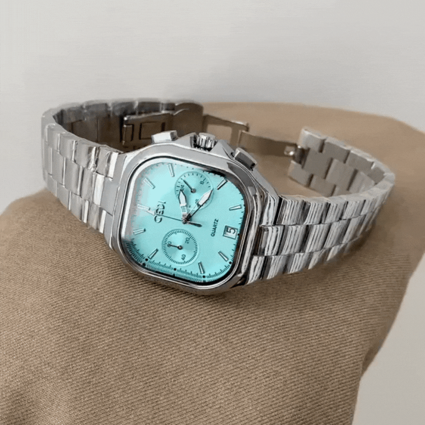 Sky Blue Square Dial, Modern Minimalist Design Men's Silver Strap Quartz Watch