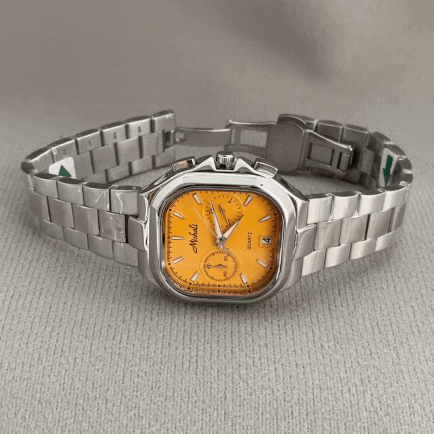 Men’s Quartz Watch – Silver Strap with Bold Orange Square Dial
