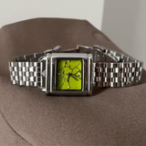 Green Vine Crackle Square Dial Quartz Watch for Men – Silver Chain Steel Strap
