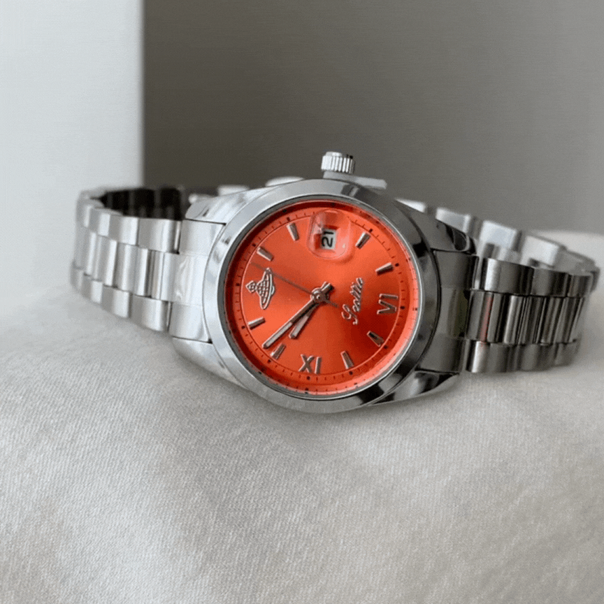 Men’s Quartz Watch – Orange Planet Round Dial with Silver Strap