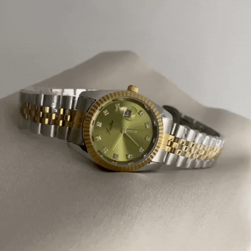 Two-Tone Silver & Gold Men's Quartz Watch – Green Dial, Modern Elegance
