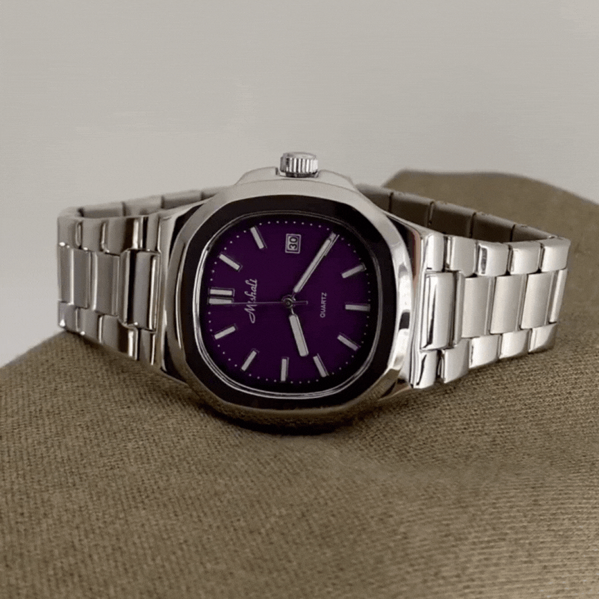Minimalist Square Purple Dial Men's Quartz Watch – Silver Strap, Urban Edge