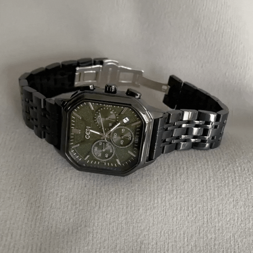 Green Square Dial Men's Quartz Watch with Date – Black Strap, Minimalist Design