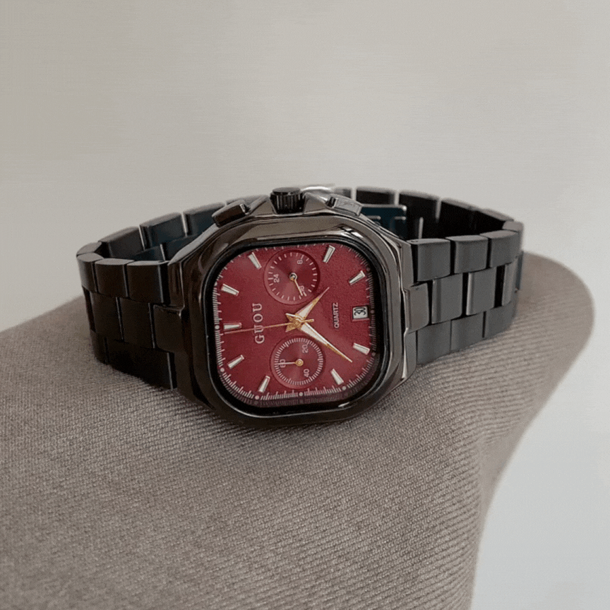 Red Square Dial Men's Quartz Watch with Date – Black Strap, Minimalist Urban Style