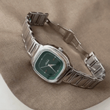 Green Square Dial Men's Quartz Watch – Silver Strap, Minimalist Modern Aesthetic