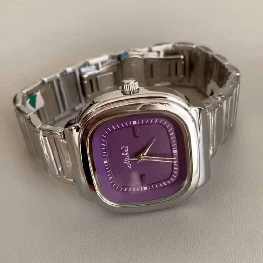 Purple Square Dial Men's Quartz Watch – Silver Strap, Minimalist Urban Design