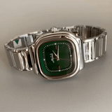 Green Square Dial Men's Quartz Watch – Silver Strap, Minimalist Modern Aesthetic