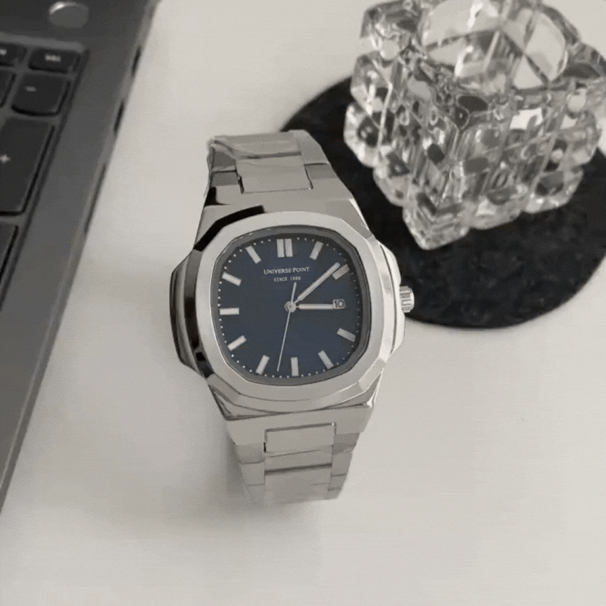 Blue Square Dial Men's Quartz Watch – Silver Strap, Luminous Hands & Date Window