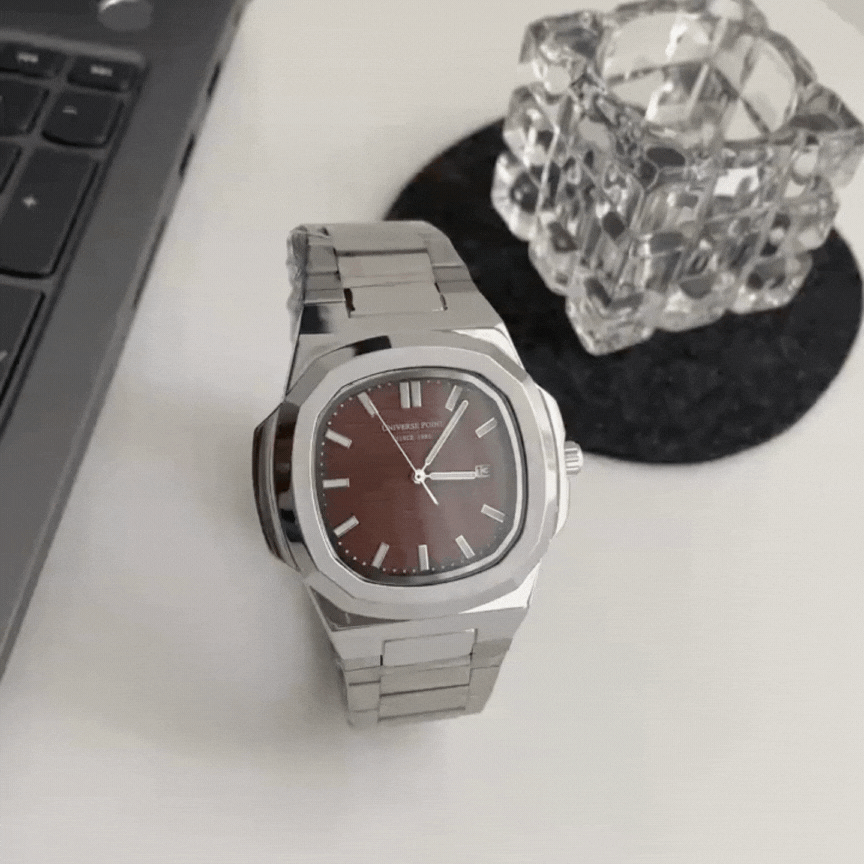 Burgundy Square Dial Men's Quartz Watch – Silver Strap, Luminous Hands & Date Display