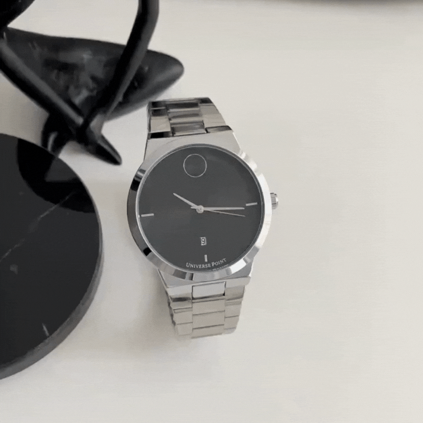 Black Dial Men's Quartz Watch – Silver Strap, Waterproof with Date Display